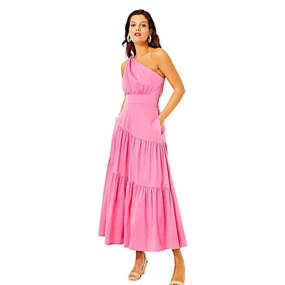 Lilly Pulitzer Lucilyn One Shoulder Midi Dress Confetti Pink Retails $278 Boho - Picture 6 of 12